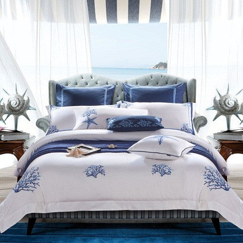 Azul bordado branco conjunto capa de edredão premium algodão egípcio sedoso maci