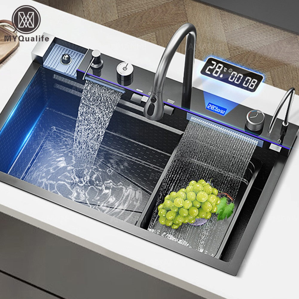 Pia de cozinha cascata de aço inoxidável 304, grande slot único, display digital