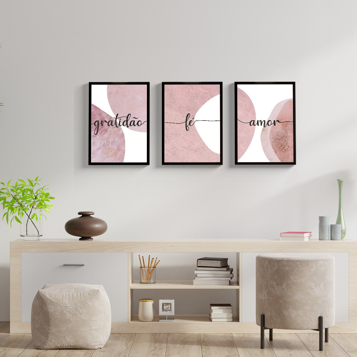 Kit 3 Quadro Abstrato Moldura Vidro Frase Fé Amor e Gratidão