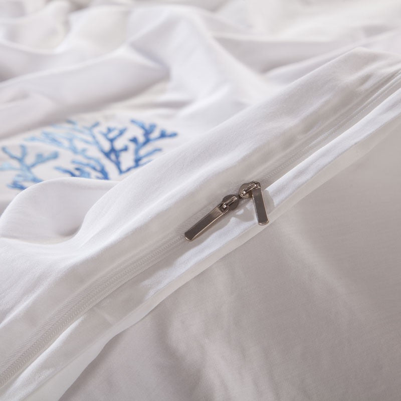 Azul bordado branco conjunto capa de edredão premium algodão egípcio sedoso maci
