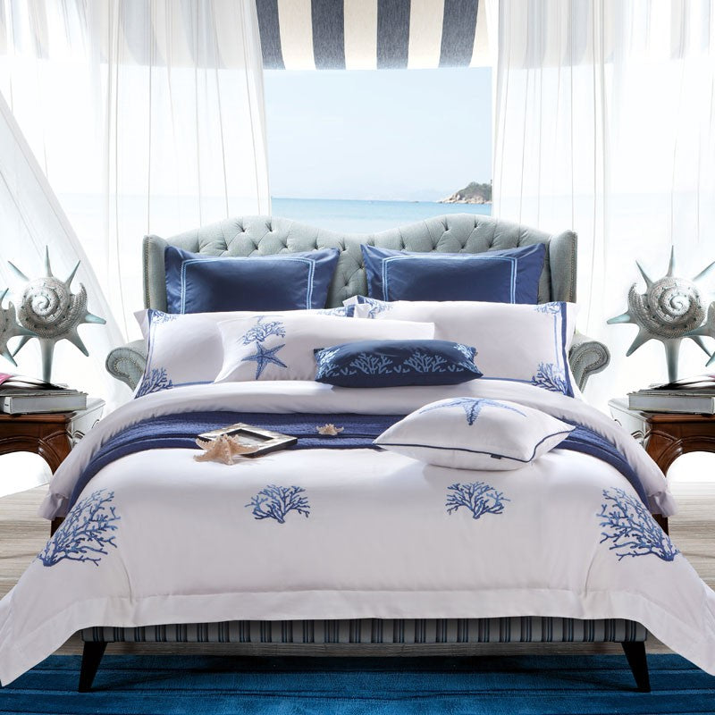 Azul bordado branco conjunto capa de edredão premium algodão egípcio sedoso maci