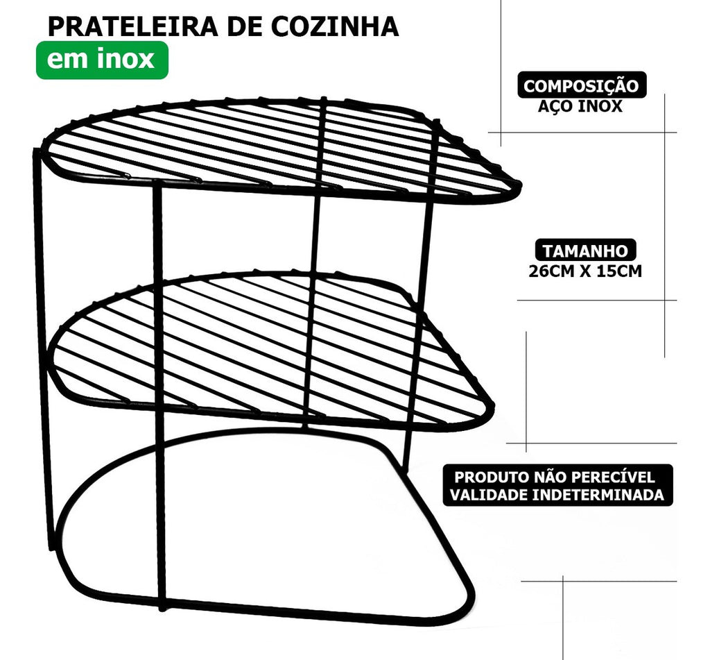 Prateleira De Cozinha Preta Aço Inox 26cm X 15cm