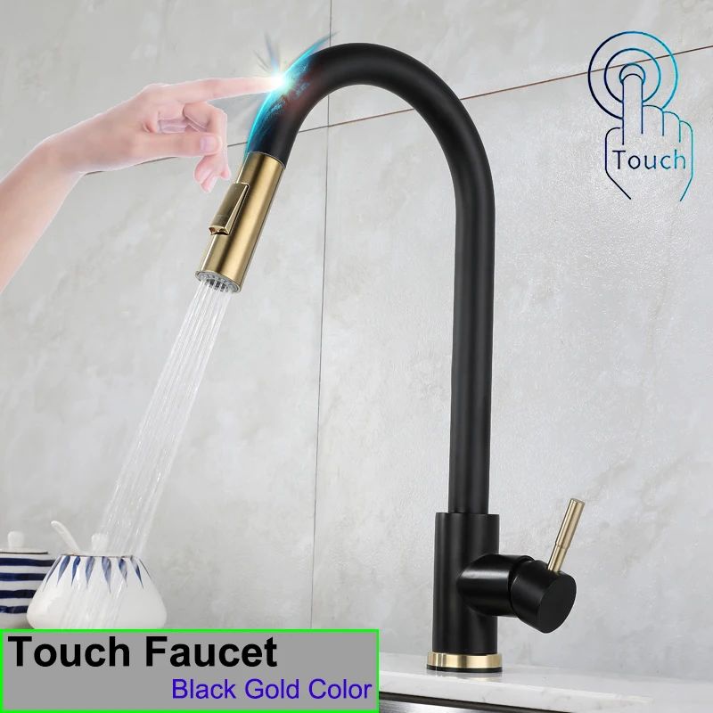 Quente e frio toque torneira da cozinha de aço inoxidável pull out torneira mist