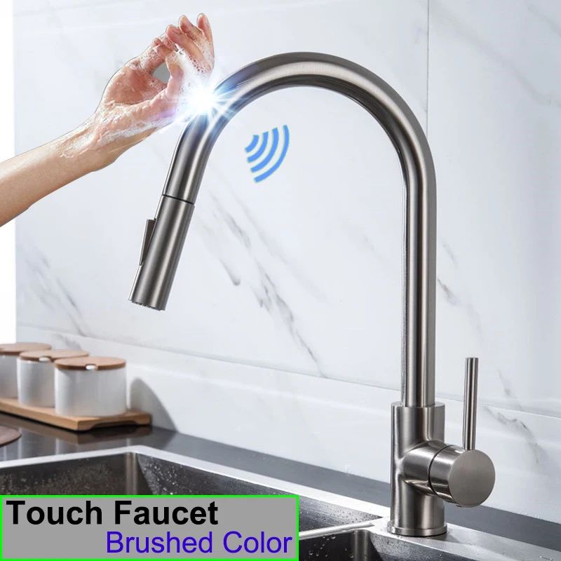 Quente e frio toque torneira da cozinha de aço inoxidável pull out torneira mist