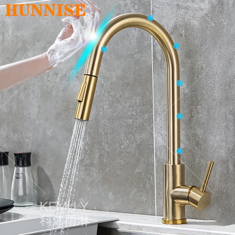 Quente e frio toque torneira da cozinha de aço inoxidável pull out torneira mist