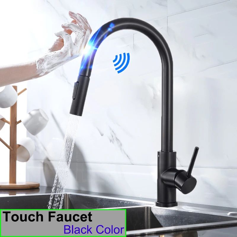 Quente e frio toque torneira da cozinha de aço inoxidável pull out torneira mist