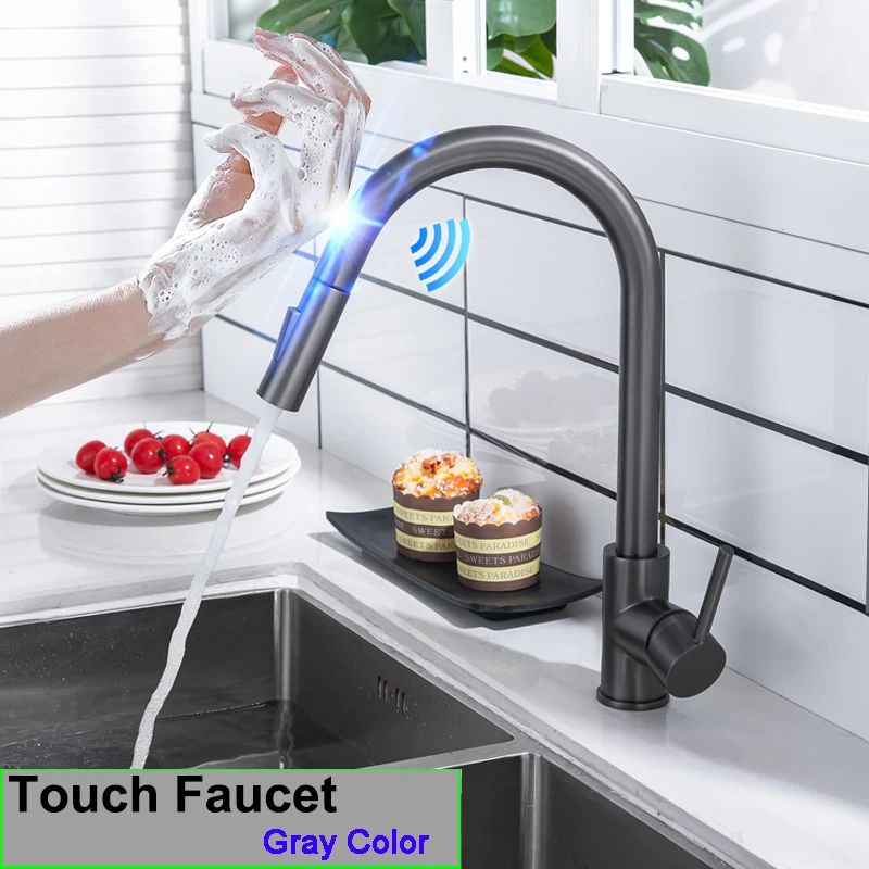 Quente e frio toque torneira da cozinha de aço inoxidável pull out torneira mist