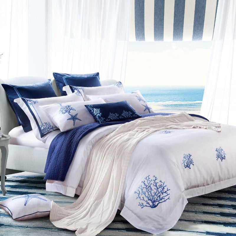 Azul bordado branco conjunto capa de edredão premium algodão egípcio sedoso maci