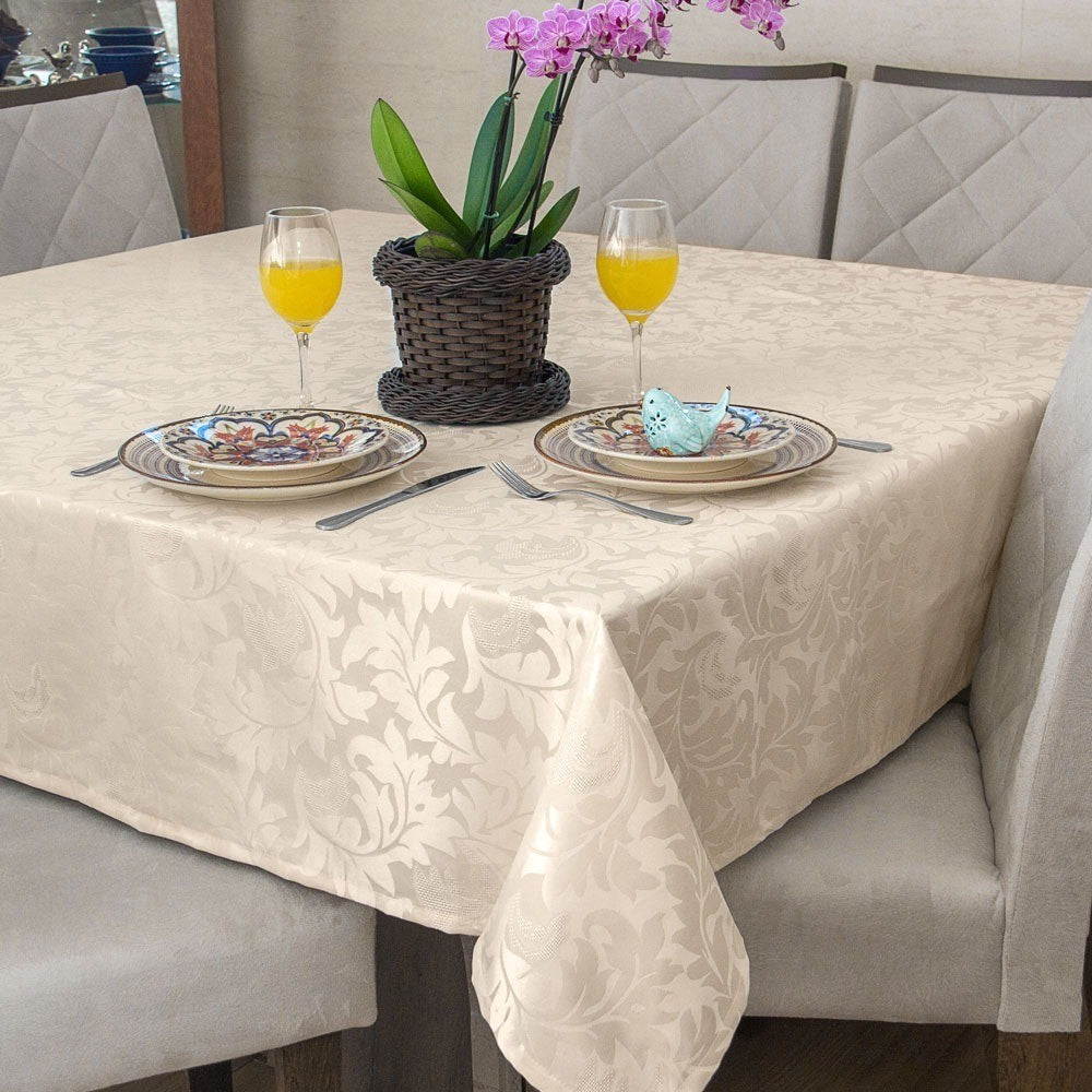 Toalha Mesa Sala Jantar Retangular Jacquard Pérola 6 Lugares