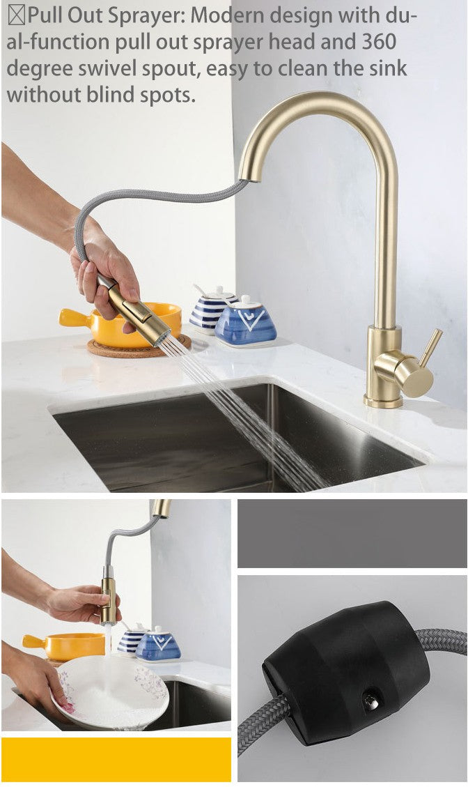Quente e frio toque torneira da cozinha de aço inoxidável pull out torneira mist