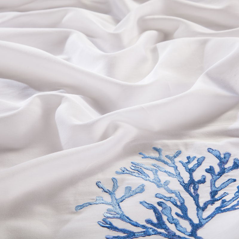 Azul bordado branco conjunto capa de edredão premium algodão egípcio sedoso maci