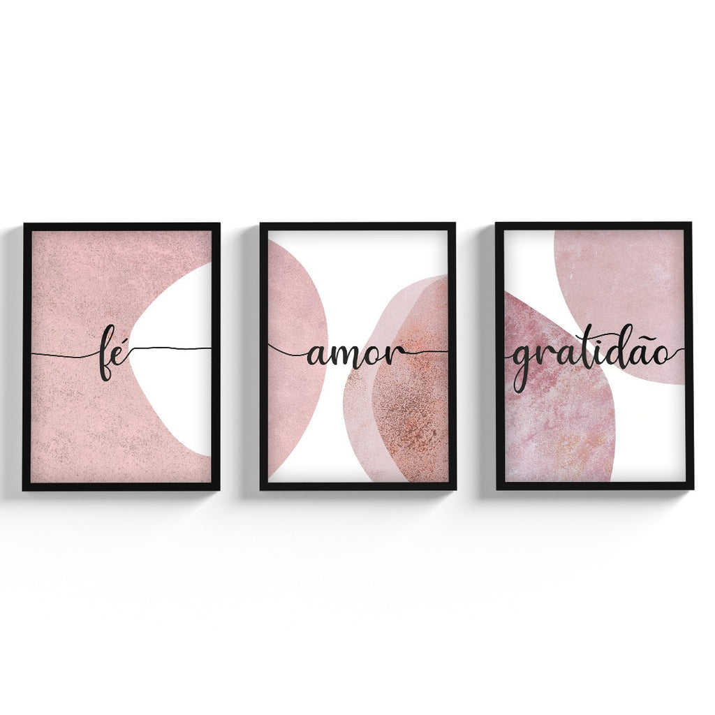 Kit 3 Quadro Abstrato Moldura Vidro Frase Fé Amor e Gratidão