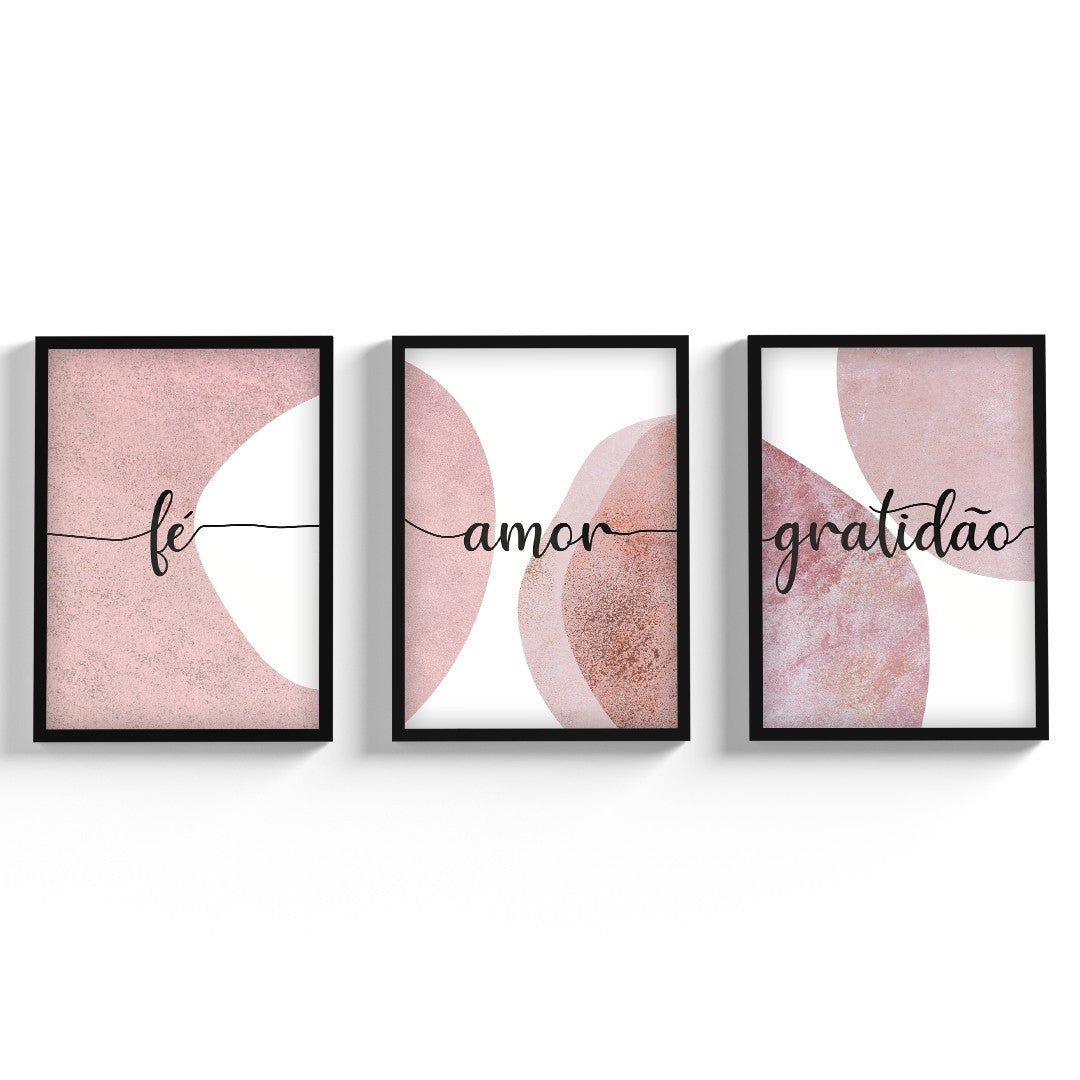 Kit 3 Quadro Abstrato Moldura Vidro Frase Fé Amor e Gratidão