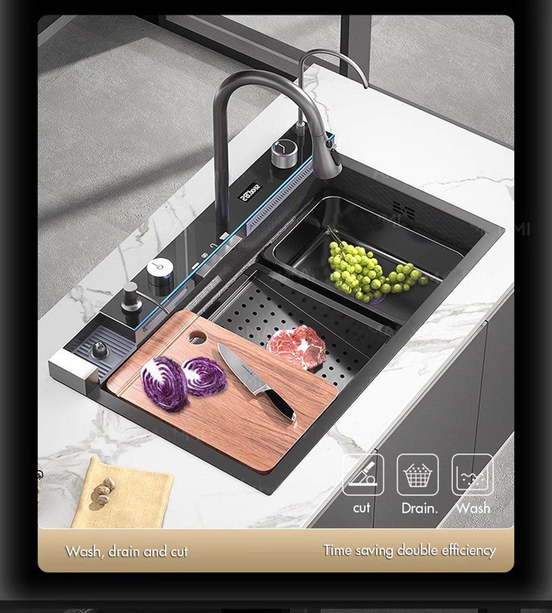 Pia de cozinha cascata de aço inoxidável 304, grande slot único, display digital