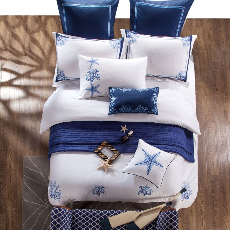 Azul bordado branco conjunto capa de edredão premium algodão egípcio sedoso maci