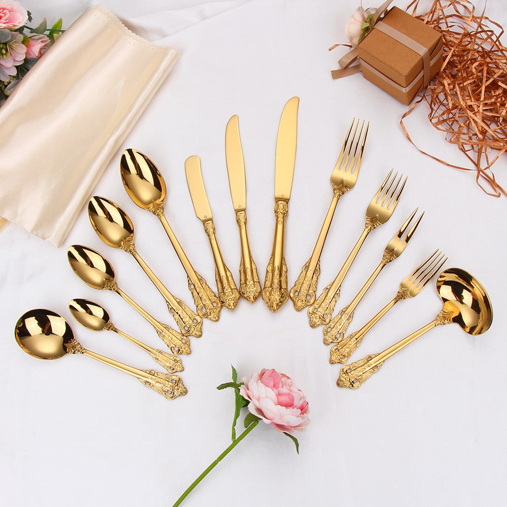 1 pçs conjunto de talheres de ouro luxo vintage ocidental talheres aço inoxidáve