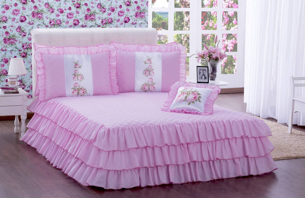 Kit Colcha com babado Sofia Casal 04 peças Rosa (4696)