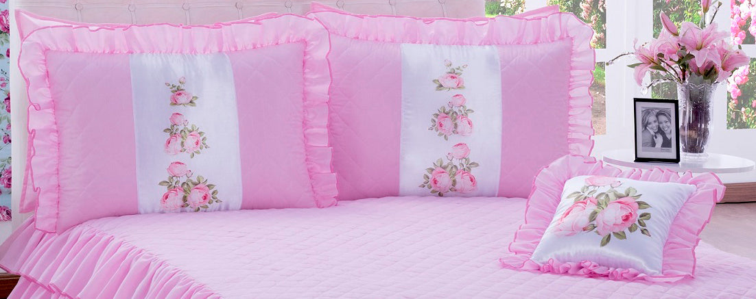 Kit Colcha com babado Sofia Casal 04 peças Rosa (4696)