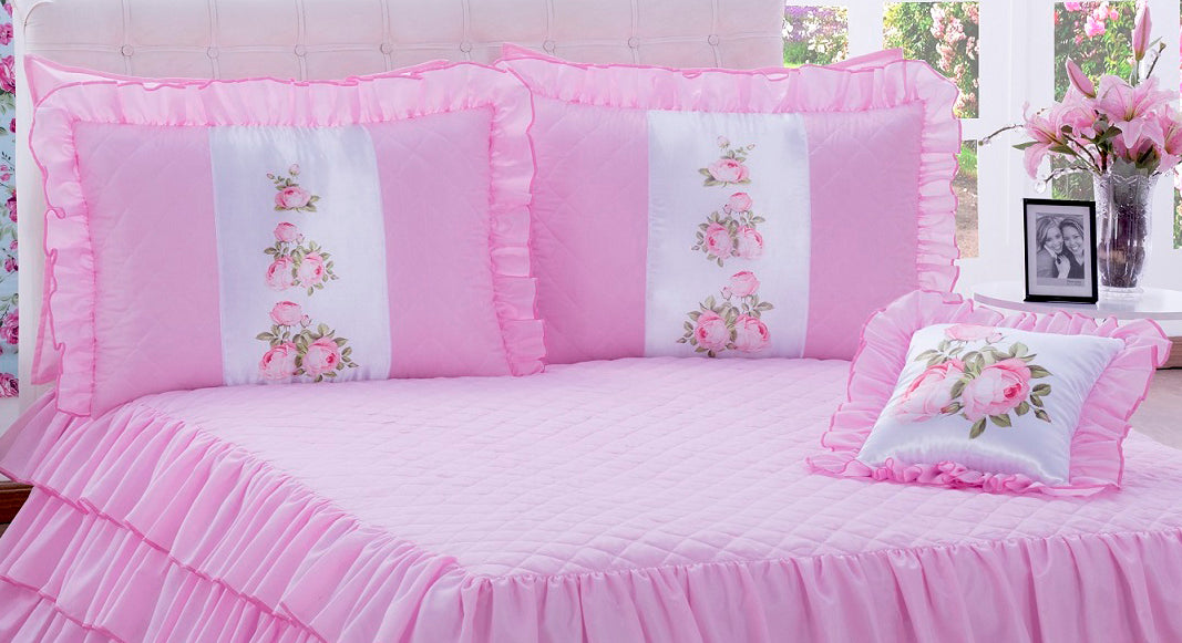 Kit Colcha com babado Sofia Casal 04 peças Rosa (4696)