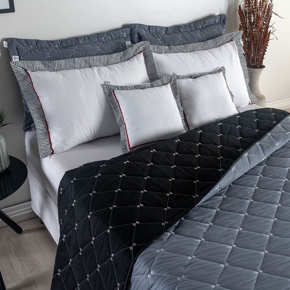 Kit Cobre Leito Dupla Face Casal Queen Bordado Renove Hipercal 400 Fios Cor:cinz