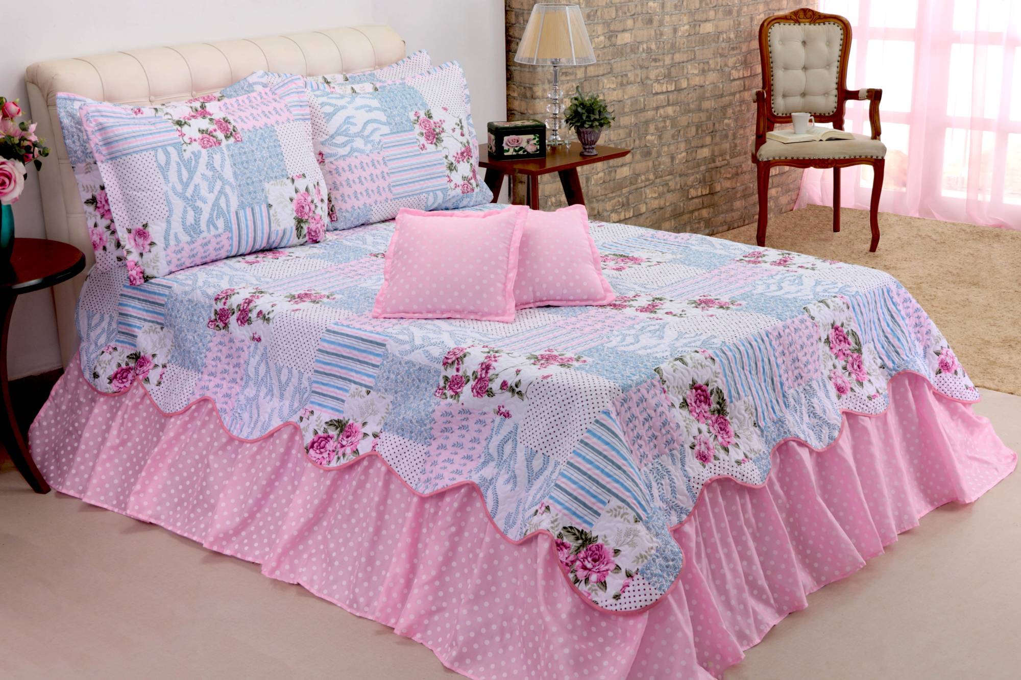 Kit Colcha Cobre leito Belize casal king size 05 pçs rosa (4157)
